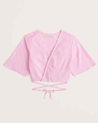 ABERCROMBIE & FITCH Linen-Blend Wrap Set Top ~ pink cropped wrap around tie waist tops - flipped
