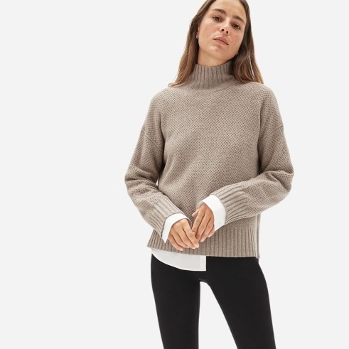 EVERLANE The Oversized Stroopwafel Turtleneck in ReCashmere | women’s high neck recycled cashmere jumpers | womens sustainable drop shoulder sweaters | stylish knitwear - flipped