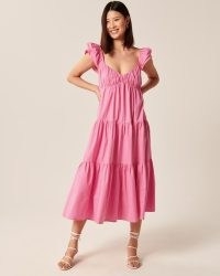 ABERCROMBIE & FITCH Ruffle Sleeve Poplin Midaxi Dress ~ women’s pink tiered dresses