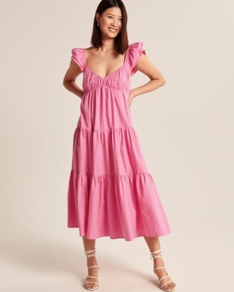 ABERCROMBIE & FITCH Ruffle Sleeve Poplin Midaxi Dress ~ women’s pink tiered dresses - flipped