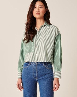 ABERCROMBIE & FITCH 90s Cropped Boxy Poplin Striped Button-Up Shirt ~ women’s green multi stripe crop hem shirts - flipped