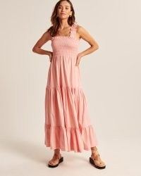 Abercrombie & Fitch Smocked Bodice Easy Maxi Dress Coral Pink