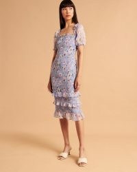 Abercronbie & Fitch Smocked Puff Sleeve Midi Dress / light blue floral tiered hem dresses / ruffle detail fashion