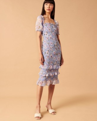 Abercronbie & Fitch Smocked Puff Sleeve Midi Dress / light blue floral tiered hem dresses / ruffle detail fashion - flipped