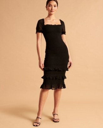 Abercrombie & Fitch Smocked Puff Sleeve Midi Dress in Black – short sleeved square neck frill hem dresses - flipped