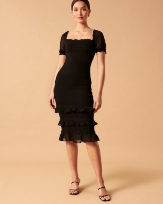 Abercrombie & Fitch Smocked Puff Sleeve Midi Dress in Black – short sleeved square neck frill hem dresses