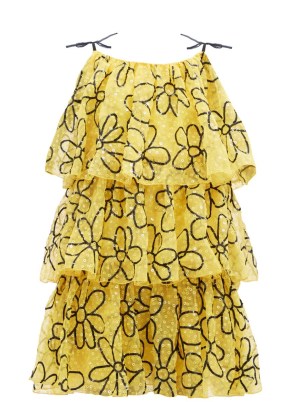 ASHISH Daisy tiered sequinned-tulle mini dress / yellow floral shoulder tie strap dresses / layered evening occasion fashion - flipped