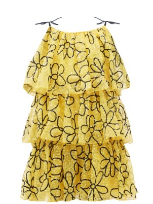 ASHISH Daisy tiered sequinned-tulle mini dress / yellow floral shoulder tie strap dresses / layered evening occasion fashion