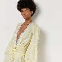 River Island YELLOW EMBROIDERED LACE BODYSUIT | deep plunge front boho bodysuits