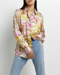 RIVER ISLAND YELLOW FLORAL SATIN SHIRT / women’s silky bold print shirts