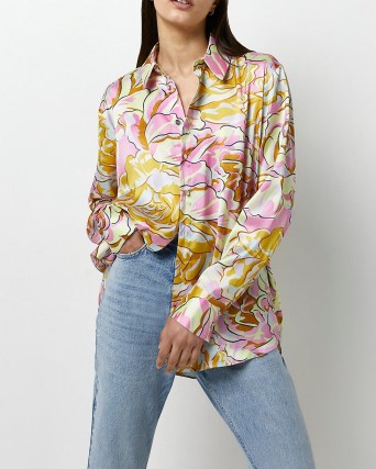 RIVER ISLAND YELLOW FLORAL SATIN SHIRT / women’s silky bold print shirts - flipped