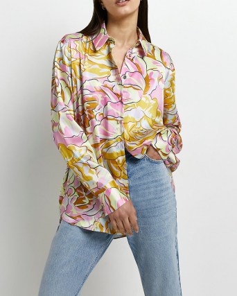 RIVER ISLAND YELLOW FLORAL SATIN SHIRT / women’s silky bold print shirts
