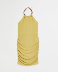 RIVER ISLAND YELLOW HALTER NECK MINI DRESS ~ ruched chain detail halterneck dresses ~ glamorous going out bodycon