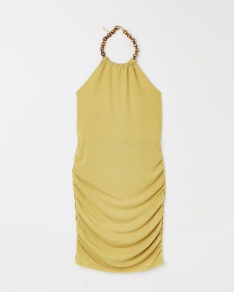 RIVER ISLAND YELLOW HALTER NECK MINI DRESS ~ ruched chain detail halterneck dresses ~ glamorous going out bodycon - flipped