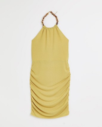 RIVER ISLAND YELLOW HALTER NECK MINI DRESS ~ ruched chain detail halterneck dresses ~ glamorous going out bodycon