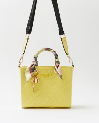 River Island YELLOW PATENT QUILTED TOTE BAG | high shine faux leather top handle shoulder bags - flipped
