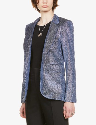 ZADIG&VOLTAIRE Very padded stretch-woven blazer in Encre | metallic blue jackets | women’s party fashion | womens shimmering going out evening fashion - flipped