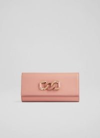 L.K. BENNETT ZOEY PINK LEATHER CHAIN DETAIL CLUTCH BAG ~ occasion shoulder bags with gold chain strap ~ women’s summer event accessories