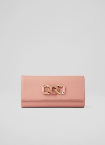 L.K. BENNETT ZOEY PINK LEATHER CHAIN DETAIL CLUTCH BAG ~ occasion shoulder bags with gold chain strap ~ women’s summer event accessories - flipped
