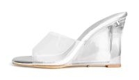 TONY BIANCO Alessi Clear Vinylite/Silver 10cm Wedges – PERSPEX WEDGES – SEE-THROUGH STRAP WEDGED MULES