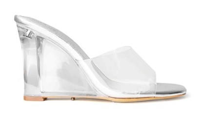 TONY BIANCO Alessi Clear Vinylite/Silver 10cm Wedges – PERSPEX WEDGES – SEE-THROUGH STRAP WEDGED MULES - flipped
