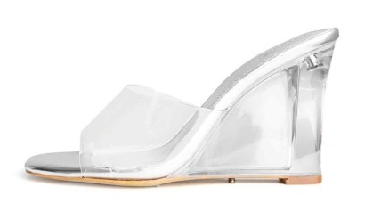 TONY BIANCO Alessi Clear Vinylite/Silver 10cm Wedges – PERSPEX WEDGES – SEE-THROUGH STRAP WEDGED MULES