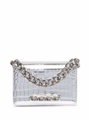 Alexander McQueen metallic Four-Ring mini bag ~ small silver tone evening bags ~ women’s designer occasion accessories - flipped