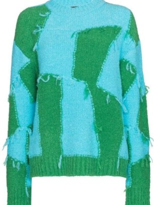 Andersson Bell checkerboard-pattern fringed jumper green/blue | women’s fringe trimmed jumpers - flipped