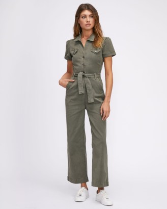 PAIGE Anessa Jumpsuit Vintage Ivy Green ~ short sleeved tie waist utility jumpsuits - flipped