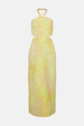 KAREN MILLEN Animal Jacquard Halter Column Dress Yellow / halterneck occasion dresses / cut out tie back detail evening clothes - flipped