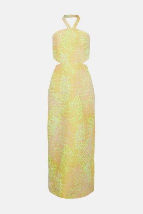 KAREN MILLEN Animal Jacquard Halter Column Dress Yellow / halterneck occasion dresses / cut out tie back detail evening clothes