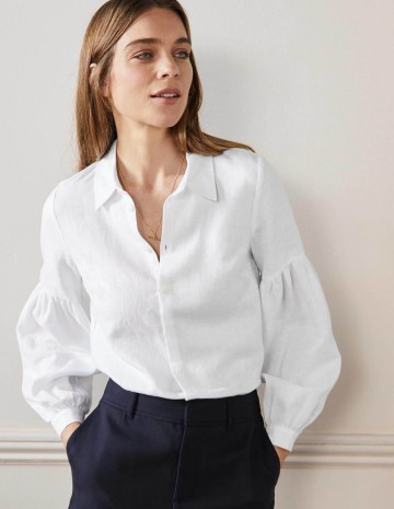 Boden Anna Blouson Linen Shirt / women’s fresh white balloon sleeved summer shirts - flipped