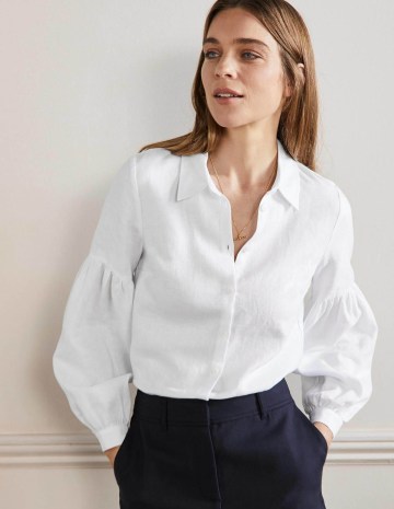 Boden Anna Blouson Linen Shirt / women’s fresh white balloon sleeved summer shirts