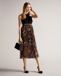 TED BAKER Aquila Cross Front Pleated Dress With Knit Bodice Black / floral evening dresses