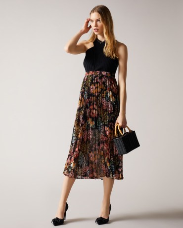 TED BAKER Aquila Cross Front Pleated Dress With Knit Bodice Black / floral evening dresses - flipped