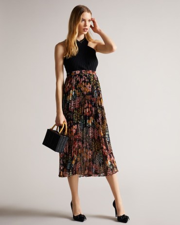 TED BAKER Aquila Cross Front Pleated Dress With Knit Bodice Black / floral evening dresses
