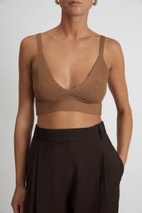 CAMILLA AND MARC Ava Twisted Knit Crop in Chestnut ~ light brown plunge front bralette ~ summer cropped hem tops
