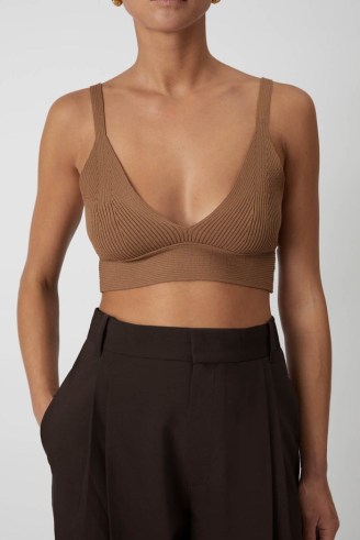 CAMILLA AND MARC Ava Twisted Knit Crop in Chestnut ~ light brown plunge front bralette ~ summer cropped hem tops - flipped