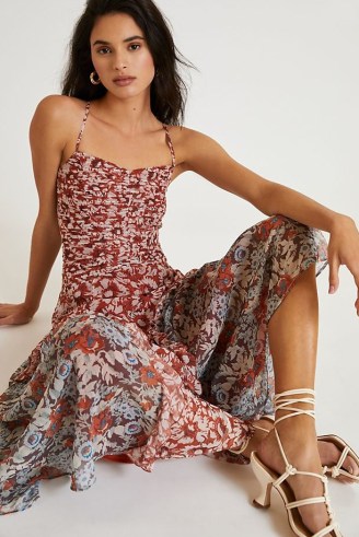 Let Me Be Ruffled Midi Dress Pink Combo ~ floral skinny strap dresses ~ ruched summer clothes - flipped