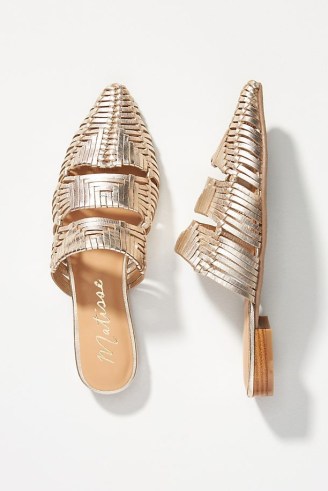 Matisse Woven Slide Sandals in Gold / metallic pointed toe slides / chic flat summer mules