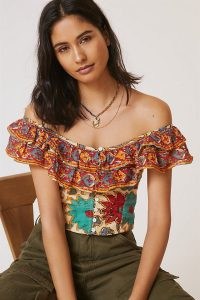 Love The Label Ruffled Crop Top Red Motif / cropped cotton bardot tops / off the shoulder boho clothes / bohemian floral summer fashion