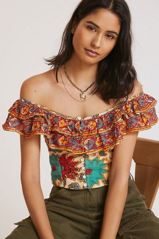 Love The Label Ruffled Crop Top Red Motif / cropped cotton bardot tops / off the shoulder boho clothes / bohemian floral summer fashion - flipped