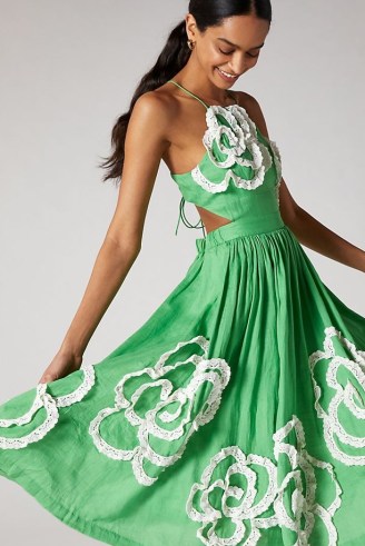 Hope For Flowers Halter Applique Midi Dress in Lime / green floral halterneck dresses / women’s feminine summer clothes / organic linen occasion clothing - flipped