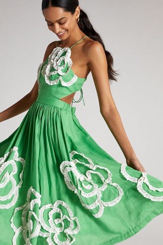 Hope For Flowers Halter Applique Midi Dress in Lime / green floral halterneck dresses / women’s feminine summer clothes / organic linen occasion clothing