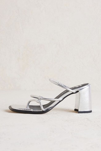 E8 by Miista Sania Heeled Sandals in Silver / strappy metallic block heel sandal / square toe summer occasion shoes - flipped