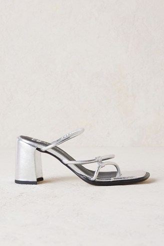 E8 by Miista Sania Heeled Sandals in Silver / strappy metallic block heel sandal / square toe summer occasion shoes