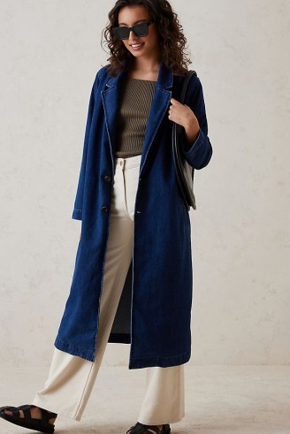 ANTHROPOLOGIE Denim Duster Jacket Blue ~ women’s casual longline midi length jackets - flipped