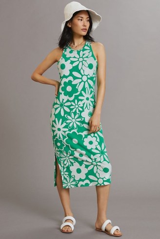 Daily Practice by Anthropologie Terry Jacquard Midi Dress Green Motif ~ casual sleeveless floral print dresses - flipped
