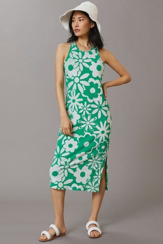Daily Practice by Anthropologie Terry Jacquard Midi Dress Green Motif ~ casual sleeveless floral print dresses