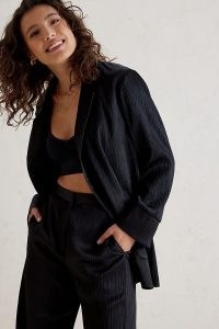 ANTHROPOLOGIE Crinkle Satin Blazer in Black ~ women’s open front blazers